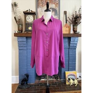 J Jill Fuchsia Pink Popover Blouse Size L Button Front Lycocell Rayon Top Tunic